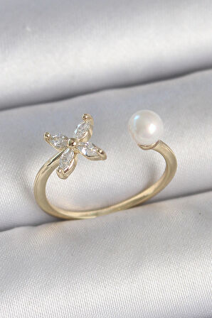 HEYF Pirinç Gold Renk Zirkon Taşlı Çiçek Model İnci Detay Ayarlanabilir Kadın Yüzük