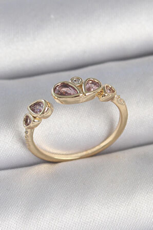 HEYF Pirinç Gold Renk Pembe Damla Zirkon Taşlı Ayarlanabilir Kadın Yüzük