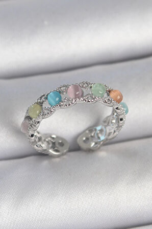 HEYF Pirinç Gümüş Renk Renkli Mineli Ayarlanabilir Kadın Yüzük