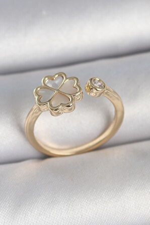 HEYF Pirinç Gold Renk Beyaz Mineli Yonca Model Zirkon Taş Detay Ayarlanabilir Kadın Yüzük