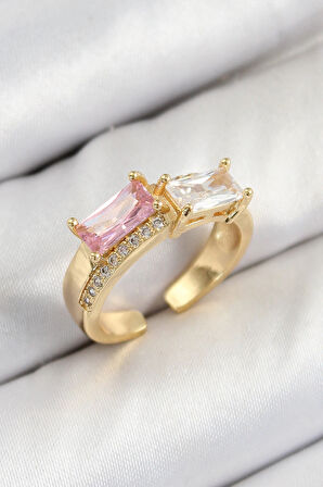 HEYF Pirinç Zirkon Taşlı Dikdörtgen Model Gold Renk Kadın Yüzük