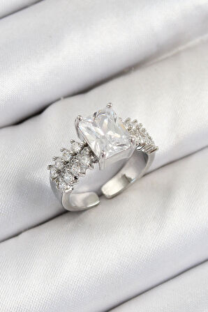 HEYF Pirinç  Büyük Zirkon Taşlı Model Gümüş Renk Kadın Yüzük