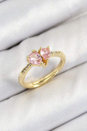 HEYF Pirinç Zirkon Taşlı Pembe Kalp Model Gold Renk Kadın Yüzük