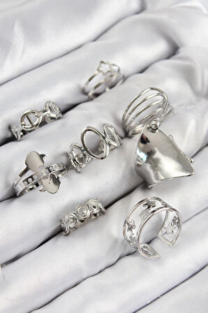 HEYF Pirinç Sarmal Ve Yıldız Model Gümüş Renk Kadın Yüzük Kombin Set