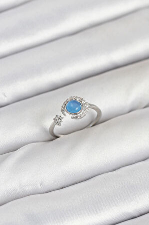 HEYF Pirinç Gümüş Renk Zirkon Taşlı Ay Yıldız Kadın Yüzük