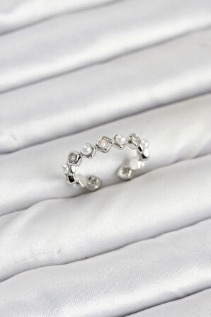 HEYF Pirinç Gümüş Renk Zirkon Taşlı İncili Kadın Yüzük