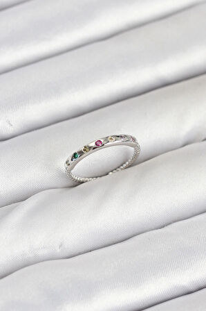 HEYF Pirinç Gümüş Renk Renkli Zirkon Taşlı Kadın Yüzük