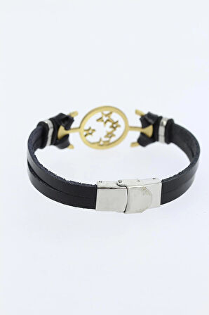 HEYF Gold Renk Yıldız Figürlü Metal Aksesuarlı Siyah Renk Deri Erkek Bileklik