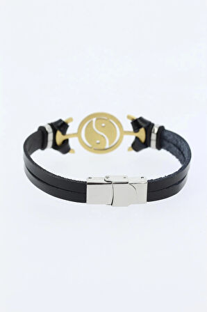 HEYF Gold Renk Yin Yang Figürlü Metal Aksesuarlı Siyah Renk Deri Erkek Bileklik