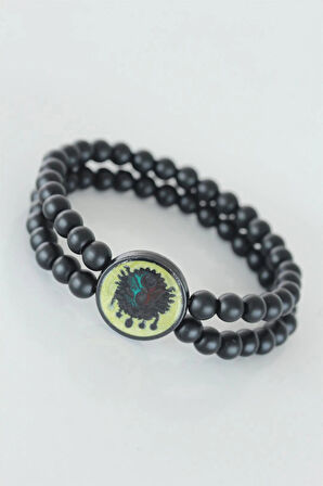 HEYF Sarı Renkli Metal Üzerine Osmanlı Arma Figürlü Siyah Renk Çift Sıra Doğal Taş Erkek Bileklik