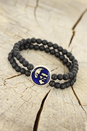 HEYF Atatürk Portre Figürlü Lacivert Metal Aksesuarlı Siyah Oniks Doğal Taş Erkek Bileklik