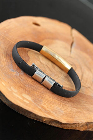 HEYF Gold Renk Çelik Yıldızlı Tasarım Siyah Renk Silikon Erkek Bileklik