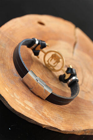 HEYF Gold Renk Baykuşlu Metal Aksesuarlı Siyah Renk Deri Erkek Bileklik