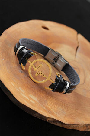 HEYF Gold Renk Metal Nabız Tasarım Siyah Renk Deri Erkek Bileklik