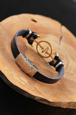 HEYF Gold Renk Metal Nabız Tasarım Siyah Renk Deri Erkek Bileklik