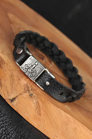 HEYF Siyah Örgü Model Deri Erkek Bileklik