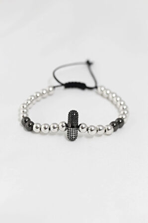 HEYF Füme Gümüş Renk Çelik Zirkon Objeli Asansörlü Bileklik