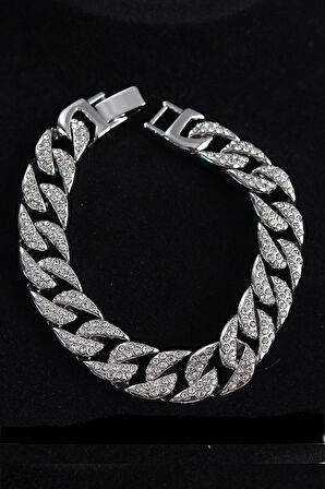 HEYF Pirinç Zirkon Taşlı Cuba Gurmet Model Gümüş Renk Erkek Bileklik