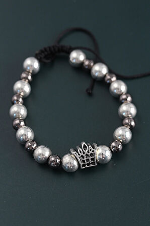 HEYF Doğal Taş Kral Tacı Model Gümüş Ve Füme Renk Asansörlü Erkek Bileklik