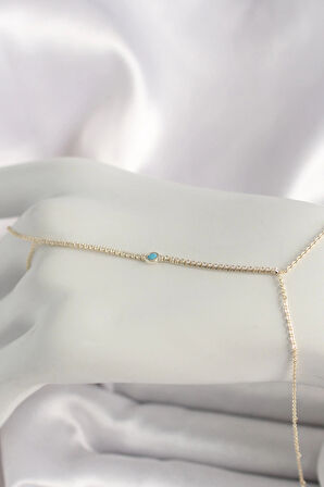 HEYF Pirinç Gold Renk Su Yolu Zirkon Taşlı Mavi Taş Detaylı Kadın Şahmeran