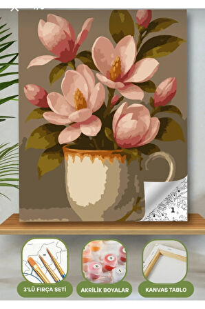 Sayılarla Boyama Seti 40x50 Cm (Çıtalı) Fırça Boya Dahil Numaralı Tuval Fincan Pembe Lale