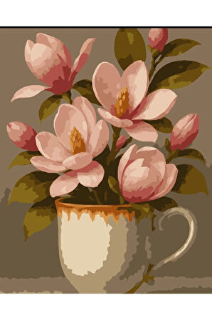 Sayılarla Boyama Seti 40x50 Cm (Çıtalı) Fırça Boya Dahil Numaralı Tuval Fincan Pembe Lale