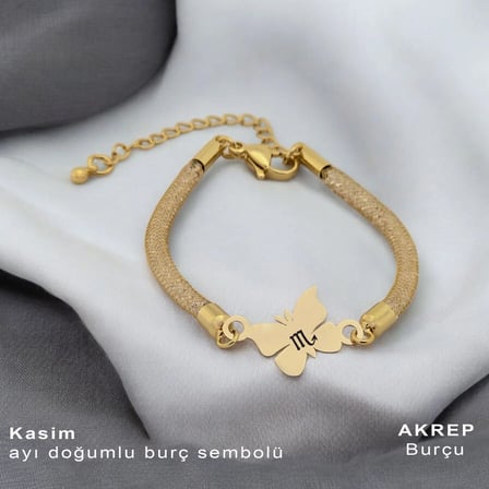 14 Ayar Altın Plakalı Kasım Ayı Doğumları İçin Hasır Kordonlu Kelebek Figürlü Hediye Bileklik-366