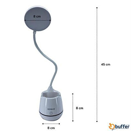 BUFFER Kalemlikli Telefon Tutacaklı Şarjlı Dokunmatik 3 Mod Esnek Başlıklı Dimmerli LED Masa Lambası