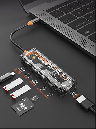 Coofbe Şeffaf 6in1 PD 100W Type-c Dönüştürücü Hub Type-c To 4K HDMI USB3.0 USB2.0 SD TF Dönüştürücü