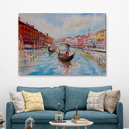 Venedik Kanalın da Gondollar Yağlıboya Görünüm Dekoratif Kanvas Duvar Tablosu-3660