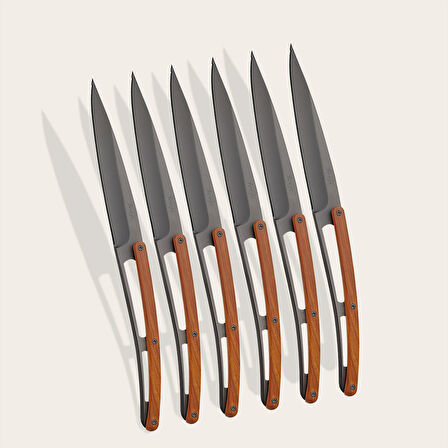 6 Deejo Steak Knives Serrated, Coral Wood