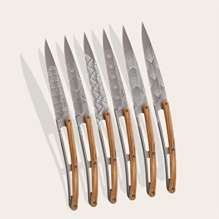 6 Deejo Steak Knives, Olive Wood / Art Déco