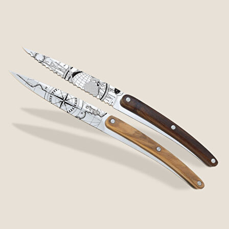 2 Deejo Paring Knives, Olive and Coral Wood / Terra Incognita and Globe Trotter