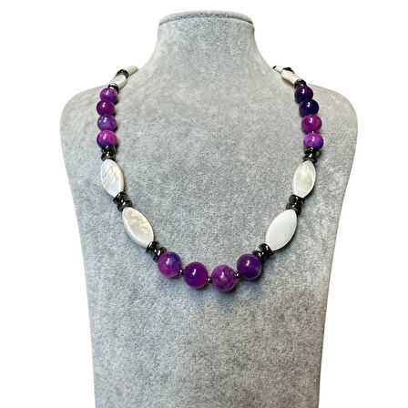 Uretti - Özlem 9422 2455 El Yapımı Mor Akik ve Sedef Doğal Taş Kolye