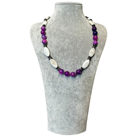 Uretti - Özlem 9422 2455 El Yapımı Mor Akik ve Sedef Doğal Taş Kolye