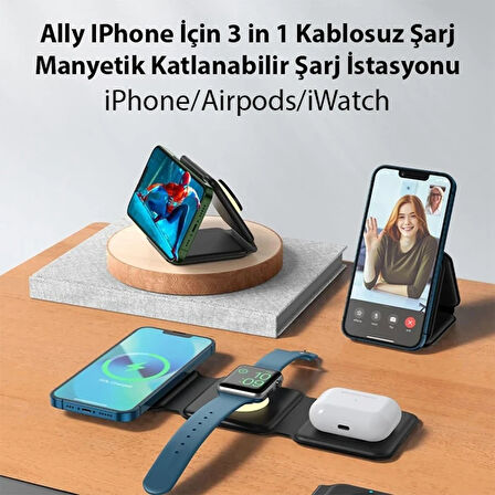 Ally 3 in1 İPhone Airpods İWatch Kablosuz Şarj Manyetik Katlanabilir Şarj İstasyonu