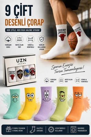 9 Çift Desenli Spor Çorap Karikatür Karışık Set Yumuşak Nefes Alan Günlük Çorap
