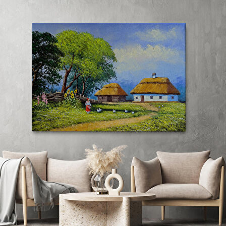 Ukrayna Köy Evi Manzarası Yağlıboya Görünüm Dekoratif Kanvas Duvar Tablosu-3664