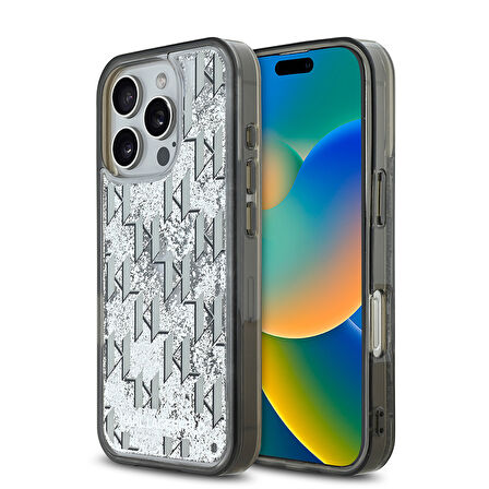 iPhone 16 Pro Kılıf Karl Lagerfeld Orjinal Lisanslı Simli KL Yazılı Monogram Gradient Kapak Siyah