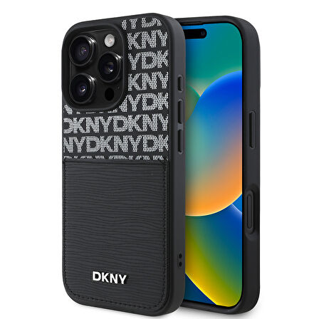 Apple iPhone 16 Pro Uyumlu Kılıf DKNY Orjinal Lisanslı Kartlıklı 3D Yazılı Repeat Texture Pattern Kapak