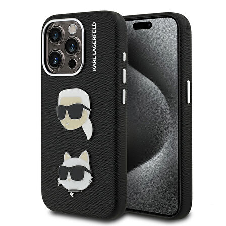 iPhone 15 Pro Max Uyumlu Kılıf Karl Lagerfeld Lisanslı K&C Heads Pin Kapak Siyah