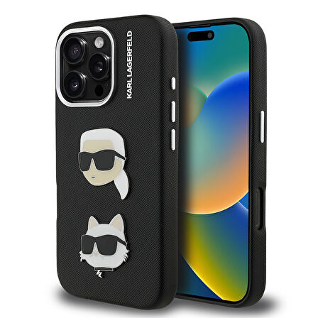 iPhone 16 Pro Max Uyumlu Kılıf Karl Lagerfeld Lisanslı K&C Heads Pin Kapak Siyah