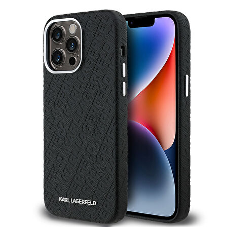 iPhone 14 Pro Max Uyumlu Kılıf Karl Lagerfeld Lisanslı PU Deri Damgalı Metal Yazı Logolu Kapak Siyah