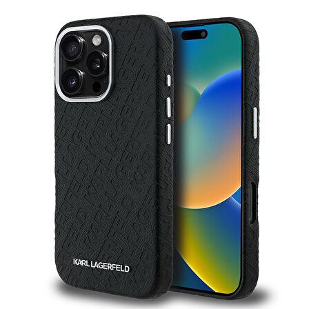 iPhone 16 Pro Uyumlu Kılıf Karl Lagerfeld Lisanslı PU Deri Damgalı Metal Yazı Logolu Kapak Siyah