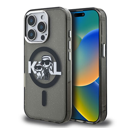 iPhone 15 Pro Max Kılıf Karl Lagerfeld Lisanslı Parlayan Simli Karl & Choupette Sketch Logolu Siyah