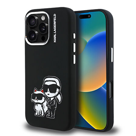 iPhone 16 Pro Max Uyumlu Kılıf Karl Lagerfeld Lisanslı Karl & Choupette Sketch Logo Sililkon Siyah