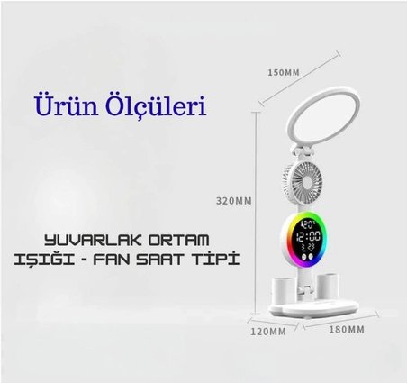TechTic LED Masa Lambası Yuvarlak Başlı Fanlı Saatli 3 Renk RGB Işıklı Dimmer Şarjlı Göz Korumalı
