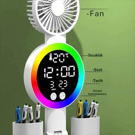 TechTic LED Masa Lambası Yuvarlak Başlı Fanlı Saatli 3 Renk RGB Işıklı Dimmer Şarjlı Göz Korumalı