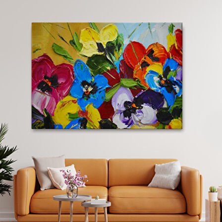 Renkli Çiçekler Yağlıboya Görünüm Dekoratif Kanvas Duvar Tablosu-3666