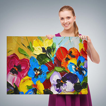 Renkli Çiçekler Yağlıboya Görünüm Dekoratif Kanvas Duvar Tablosu-3666